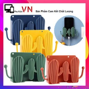 Giá Đỡ Dán Tường Để Sạc Điện Thoại Remote Ổ Cắm Xương Rồng Cute Có Móc Treo Giữ Dây Điện - Kệ Đựng Đồ Dán Tường Kèm 2 Móc Treo Đồ - Kệ Để Điện Thoại Giá Đỡ Điện Thoại Khi Sạc Có Khe Hở Tiện Lợi