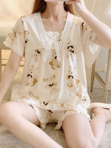 Bộ Đồ Ngủ Cotton Mùa Hè Cho Nữ in Họa Tiết Hoạt Hình Cổ Vuông Ren Tay Ngắn Quần Short Mặc Nhà Thoải Mái Thoáng Khí