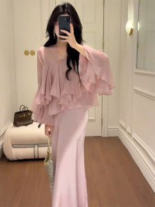 Elegant Pink Shirt Dress Set Autumn Winter French Style Gentle Lady Rich Girl High End Feelings Commute Korean Style Pleated High Waist A-Line Skirt