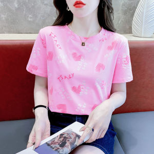 Pink Cotton Short Sleeve T-Shirt Womens Loose Fit Summer Design Love Letter Print Anti-Aging Top Korean Style round Neck