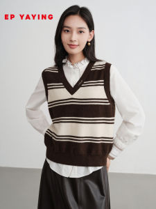 EP YAYING 2025 Autumn New Womens Cashmere Knitted Vest Striped V-neck Woolen Sweater Casual Loose Fit Fashionable Campus Style
