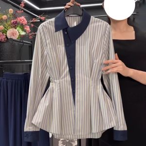 TIANANQI | Oversized French Waist Slim Blue Striped Shirt
