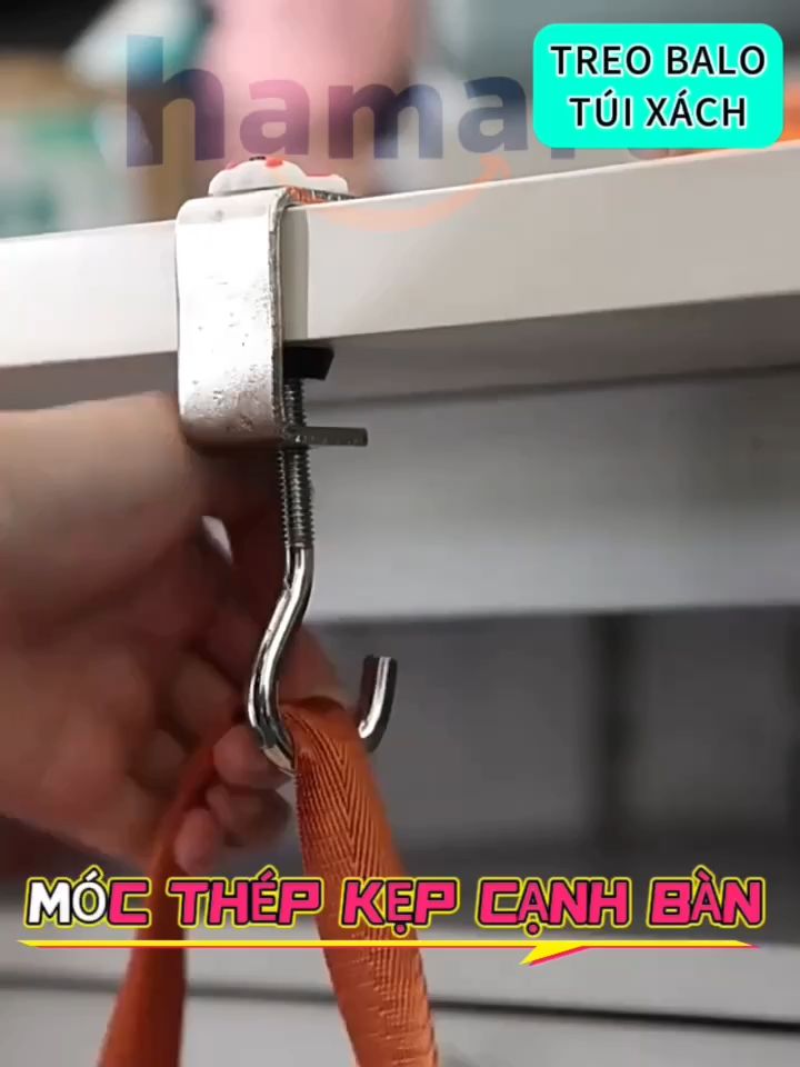 Móc Treo Balo Kẹp Cạnh Bàn Làm Việc Hamart Xoay 360 Treo Cặp Túi Xách Bình Nước Thép Xoắn Ốc Cố Định
