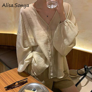 Alisa.Sonya Women's Korean Style Long Sleeves V-Neck Casual Blouse