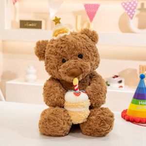 Cute Bear Plush Toy Birthday Cap Holding Cake Pillow Gift for Girlfriend Valentines Day Present Soft Stuffed Doll Bear Hug