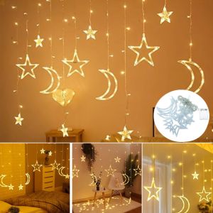 Star Moon Curtain String Light แบตเตอรี่ขับเคลื่อนคริสต์มาส Garland Fairy โคมไฟ 8 โหมดแขวนรอมฎอนสําหรับงานปาร์ตี้ปีใหม่ Decor