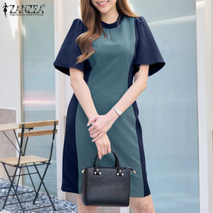 Esolo ZANZEA Korean Style Womens Elegant Splicing Patchwork Dresses Collect Waist Hollow Out Mini Sundress #11