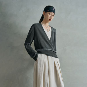 Original Linen Embroidery Knitted Top Cross Neckwear Dual Wear Loose