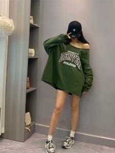 South Korea Dongdaemun American Style Hooded Loose Raw Hem Stylish Sweater Dress Womens off-Shoulder Collar Tops
