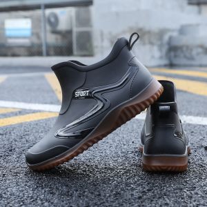 Waterproof Mens Rain Boots Cotton Lined Mid-Calf Flat Bottom Kitchen Friendly Spring Summer Autumn Winter Casual Footwear