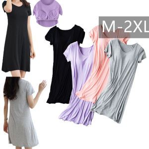 Ruizhijzg Ready stock Casual Loose Dress With Padding Women Long Fashion Summer Modal Cotton Night Sleepwear Round Neck Ladies Dresses Plus Size Korean Style