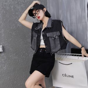 Korean Style Summer Color Block Denim Vest Womens Frayed Shoulder Short Loose Trendy Design POLO Collar Button up Top