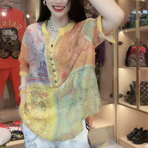 Color Block Printed Diamond Embroidery Mid Sleeve Summer 2023 New Style Large Size Womens Clothing Versatile Top for All Seasons