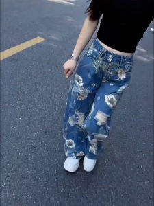 Retro American Print Hole Denim Jeans Women High Street Loose Straight Leg Floor-Length Wide Leg Pants Trendy Casual High Waist Long Pants
