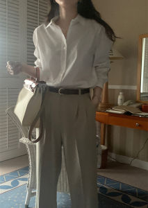 Early Autumn Commute Style Loose Fit Blue Casual Long Sleeve Shirt Womens Polo Collar Button Detail Cotton Blend Top