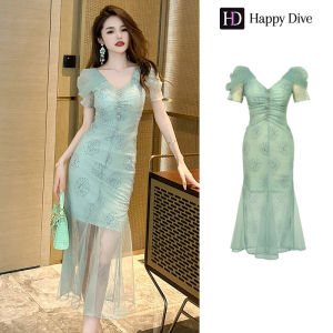 Happy Diva เดรสผู้หญิง เดรสสีเขียว เดรสคอวี เดรสหางปลา เดรสตาข่าย เดรสไฮโซ เดรสออกงาน เดรสไปงานแต่ง ชุดราตรี เดรสฝรั่งเศส 20571