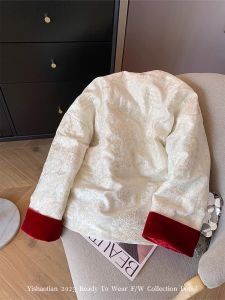 Warm Cotton Velvet round Neck Collar Traditional Chinese Style Embroidered Button Jacket for Women Elderly Autumn Fashion