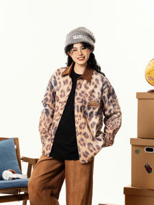 เสื้อเชิ้ตแขนยาวทรงหลวมสไตล์อเมริกันย้อนยุคสำหรับผู้ชายและผู้หญิง ลายเสือดาว แฟชั่นฤดูใบไม้ร่วง เสื้อเชิ้ตผู้หญิง