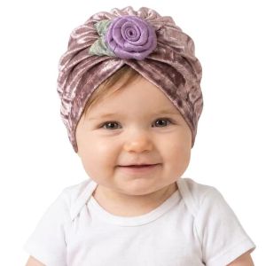 0-12M Baby Girls Velvet Turban Hat with 3D Rose Flower Soft Elastic Newborn Infant Beanie Cap Toddler Headwrap Hair Accessories