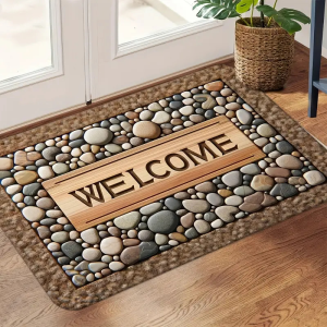 VIKAMA 3D Pebble Stone Welcome Doormat Rustic Wooden Print Entrance Floor Mat Non Slip Wear Resistant Front Door Home Decor