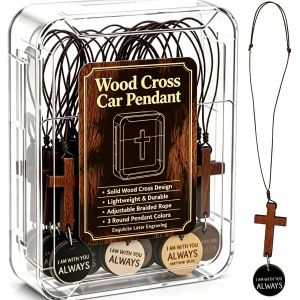 Adjustable Braided Rope Interior Ornament Solid Wood Cross Car Rearview Mirror Pendant Religious Faith Hanging Decor 3 Colors Available