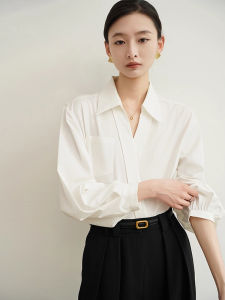 เสื้อเชิ้ตคอวีแขนยาวผู้หญิงสไตล์เกาหลี ทรงตรง ทรงปกติ ผ้าผสมโพลีเอสเตอร์ ฤดูใบไม้ผลิและฤดูใบไม้ร่วง