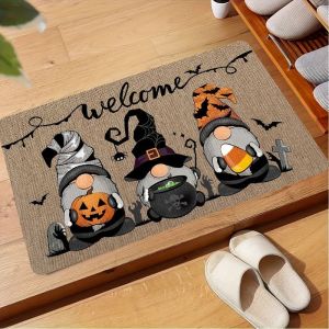 VIKAMA Welcome Halloween Gnome Doormat Pumpkin Bat Spider Pattern Non Slip Floor Mat For Front Door Entryway Holiday Home Decor
