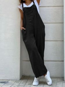 High Waist Wide Leg Overalls Solid Color Street Style Casual Pants for Women Polyester Fiber Non-Stretchable