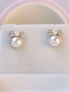 Natural Freshwater Real Pearl Butterfly Knot Earrings French Vintage Gentle Temperament S925 Silver Needle Stud Earrings