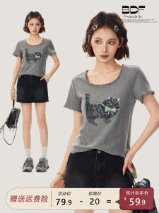 Áo Thun Tay Ngắn Cổ Chữ U in Hình Mèo Màu Xám Kiểu Mỹ Cho Nữ Mùa Hè Thường Ngày Không Có Thương Hiệu Tay Thường