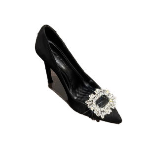 Elegant Womens High Heels Soft Leather Thin Heel Formal Interview Ceremony Diamond Decorated Pointed Toe Fashionable Shoes