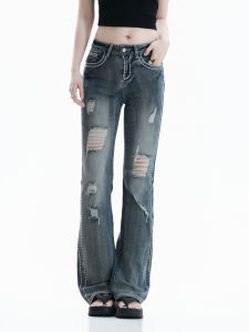 zuocisankon | Stylish Slender Leg American Street Ripped Bell-bottom Jeans