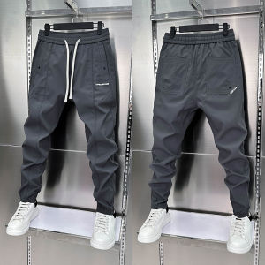 Spring Summer New Mens Patchwork Casual Pants Trendy Brand Elastic Waist Slimming Embroidery Solid Color Matchable Cuffed Pants