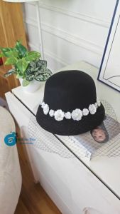 Mũ Dạ Vành Khum Viền Hoa Ngọc Phối Lưới Che Mặt Qúy Phái