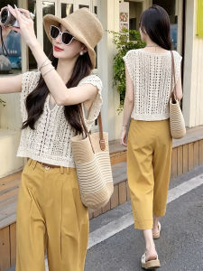 XUNYI | Áo Vest Knit Mỏng Cổ Ngắn có Thêu và Lỗ Đục