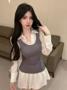 GUZILIAN | Retro Color Block Polo Collar Long Sleeve Shirt Womens Fashion Slimming Pleated Short Skirt Belted Waist Winter Commute Style