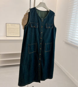 ชุดเดรสแขนกุดสีน้ำเงินเข้มสไตล์เกาหลี ทรงหลวม แขนกุด คอวี กระโปรงทรงเอ สำหรับผู้หญิง ชุดเดรสฤดูร้อน 2025