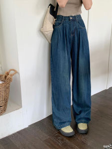 Retro Blue Straight Leg Jeans Womens High Waist Versatile Slimming Casual Long Pants Summer New Style Yang Bubble