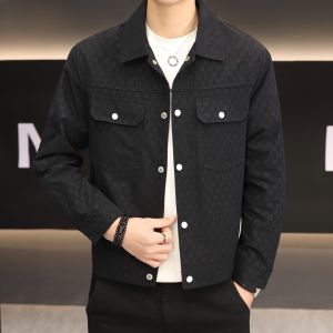 HENGYUANXIANG | Slim Fit Printed Collar Jacket For Men Spring Autumn Fashion Casual Polyester Fiber High End Outerwear Youth Style Button Decor