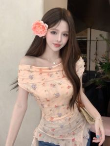 GUZILIAN | French Style Pure Desire Waist-Cinching Asymmetrical One-Shoulder Short-Sleeve T-Shirt Women Unique Design Floral Top Summer
