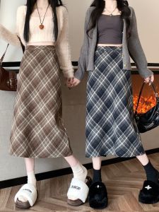 High Waist Plaid Woolen Mini Skirt Elegant Slim A-Line Long Skirt Trendy Commute Style plus Size Womens Fashion Spring Autumn