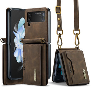 Samsung ZFlip7 Flip6 Flip5 Leather Case with Card Holder Crossbody Bag Phone Cover with Lanyard Hand Strap Support Foldable Screen