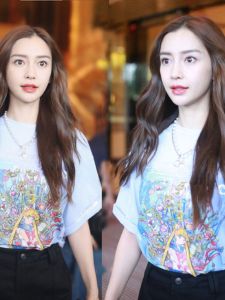 Celebrity Yang Ying Zhao Lusi Same Style Sailor Moon Pretty Girl Warrior Print T-shirt Loose Short Sleeve Tops Summer Trendy