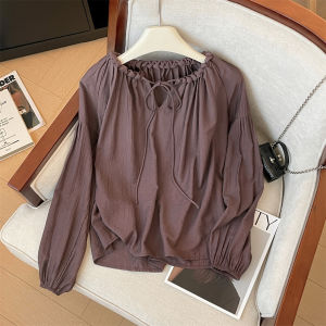 Loose Long Sleeve Womens Top Drawstring Neck Craftsmanship Style Autumn 2024 New Slimming Versatile Rope Binding Shirt
