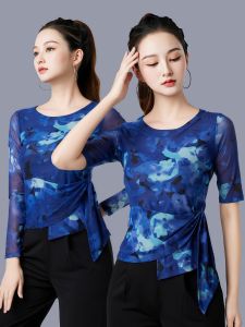 Modern Latin Dance Clothing Long Sleeve Mesh Practice Suit Classical Dance Womens New Top mid Sleeve Long Sleeve Netting Dancewear