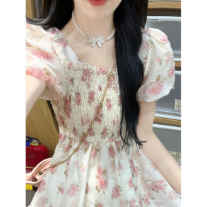French Floral Summer Dress Womens A-Line Skirt Bubble Sleeve Tea Break Sweet Innocent First Love Long Dress Elegant Personality