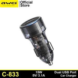 Awei C-833 Dual USB Ports Transparent Mini Car Charger 3.1A Fast Charge High Quality Material Short Circuit Protection