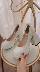 Giày nữ cao gót da bóng 10cm phối nơ quai ngọc xinh xắn Giày mary jane cao gót tôn dáng nịnh chânfom rộng đặt lùi 1 size