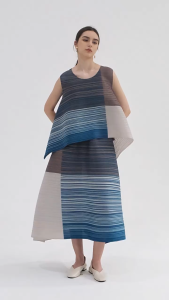 KESHANGYI Miyake Pleated Skirt Set Striped Color-Block Pleat Set Women Summer Asymmetrical Sleeveless Top+Irregular Skirt 2-Piece Set