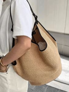 Khaite French Minority Womens Bag Summer New Arrival Raffia Woven Bag Genuine Leather Large Capacity Shoulder Tote Bag
